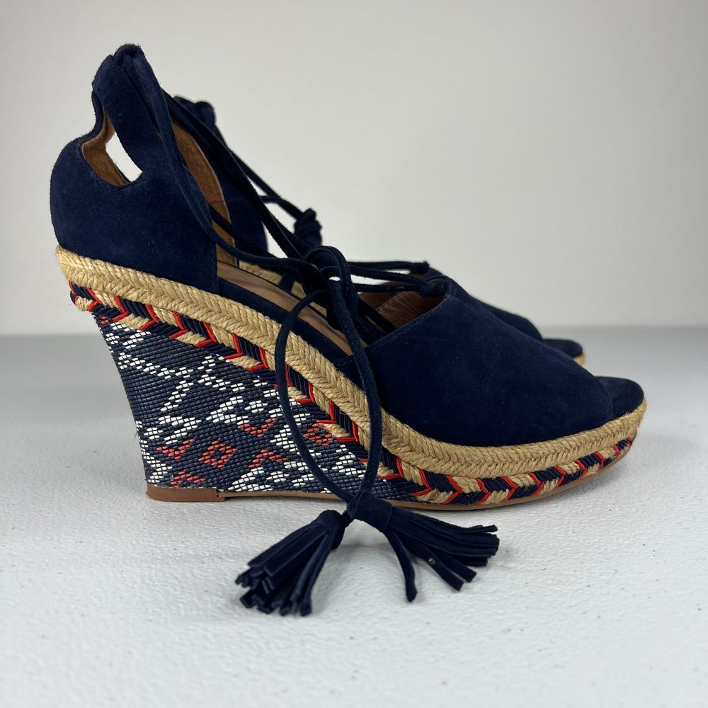 Cabi Isla Espadrille Wedge Sandal Navy Blue Suede Ankle Tie Up Tassels Western 6 - Picture 8 of 13